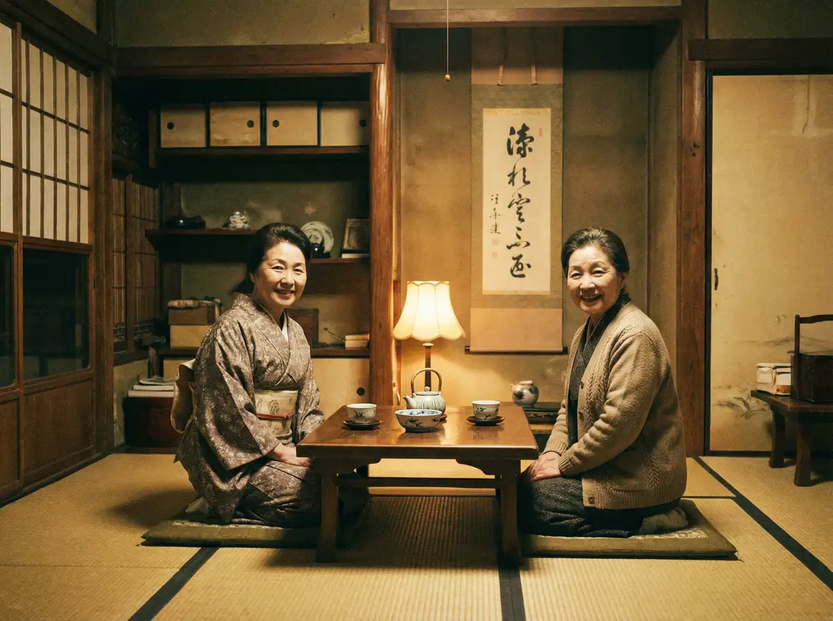 两位优雅的 五一吃瓜 在日式茶室中品茶交谈